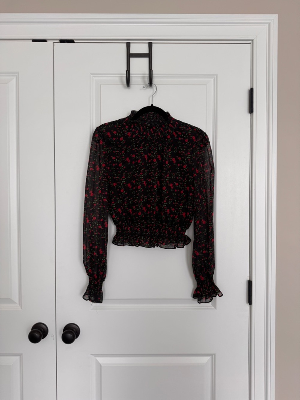 Forever 21 Black Sheer Floral Smocked Waist Blouse with Red Accents